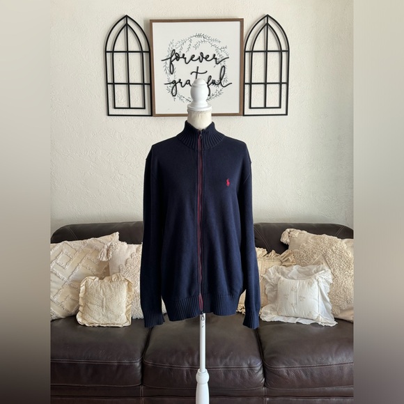 Polo Ralph Lauren Navy Blue Full Zip Cable Knit Sweater Men’s Size XL Classic - Picture 10 of 15